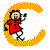 A pixelated character in a red shirt and dark pants performs five distinct poses within a yellow C-shaped border on white background.