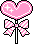 Pixelated pink heart-shaped lollipop with white outline and two small stars, attached to a stick with a pink-and-white striped bow on gray background.
