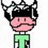 Pixelated character with pink face, black mustache, and green T-shirt under cow-print headgear on white background; text elements in bright green pixel font.