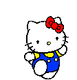 Hello Kitty character in blue overalls with yellow accents, red bow, and white fur, shown in multiple poses against gray background.