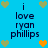 Blue background with repeated text "i love ryan phillips" and pixelated heart symbols in green and orange.