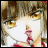 Anime-style character with light brown hair and golden eyes, wearing red clothing, next to pixelated text on a black background.