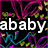 Pixelated icon with black background, pink and blue heart outlines, yellow-green floral shapes, and white text 'ababy' on left side.