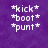 Purple background with white pixelated text reading *kick*, *boot*, *punt* on left, *ahhh*, *ouch*, *WHY??* on top right, and partial apology text below.