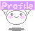 Pixel art contact sheet showing two animated frames of a white round character with pink cheeks holding a purple banner reading "Profile" against a gray background.