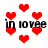Red heart shapes and black text 'in lovee' repeat across a white background with pixelated rendering and slight motion blur.