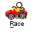 Red go-kart with yellow driver and white helmet, gray smoke trails on a gray background, text 'Race' below.