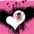 A static pixelated image features a white heart shape centered on a pink and black background with scattered dark speckles.