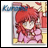 Pixelated anime-style character with red hair and pink clothing against a blurred background, next to black with white text