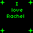 Green pixelated text 'I love Rachel' on black background with scattered green plus signs, displayed in four repeated