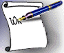 Animated sequence showing a blue pen writing 'Write to us' on a scroll, with each frame displaying progressive text addition.