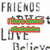 Animated icon with four distinct sections showing text and imagery including 'FRIENDS', 'Love', 'and', and colorful objects on a yellow background.