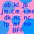 Static image with blue text on pink background featuring repeated letter combinations and 'BFF' in bold.