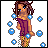 Pixelated character with brown hair and blue eyes in purple dress, surrounded by blue bubbles, with text reading "WANNA SEE WHAT'S UNDER MY TOWEL?" in four