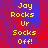 Yellow pixelated text 'Jay Rocks Ur Socks Off!' on a red and blue gradient background with gray section.