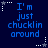 Blue pixelated text on dark blue background with white and gray star-shaped icons in corners, repeating 'I'm just chucklin around' across six