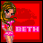 Pixel art buddy icon of a female character with long brown hair in a pink outfit against a red background, featuring the name "BETH" in bold text.