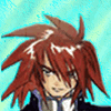 Animated sequence of a red-haired anime character with white lightning-like marks on forehead, wearing dark jacket over light shirt against blue background.