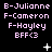 Pixelated text displays names and 'BFF<3' on black background with animated sparkles, plus a white cross and star in some frames.