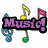 Pixelated graphic with purple text 'Music!' on black banner, surrounded by musical notes in yellow, green, blue, and magenta.
