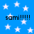 Blue background with white stars and four instances of black text reading 'sami!!!!!' in a pattern