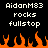 Pixelated text displays 'AidanM83 rocks fullstop' in white on black background with orange flames at bottom.