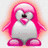 Animated pink penguin with glowing outline, white belly, and pink feet, standing upright with arms outstretched.
