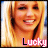 A 3x2 contact sheet of five animated frames showing a blonde woman with long hair smiling, each frame displaying the word "Lucky" in pink text below her face on a gray background.