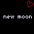 Red pixelated heart symbol above repeated white text 'new moon new moon' on black background.
