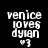 Pixelated text 'venice loves dylan' with a heart-eyes symbol on black, white, and gray backgrounds.