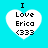 Four identical heart-shaped icons with text "I Love Erica <333" on a cyan background, each icon has slight pixel variations.