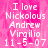 Pixelated pink background with white text reading "I love Nickolous Andrew Virgilio 11-5-07" in two identical vertical sections, one section partially obscured by gray overlay.