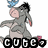 Animated gray donkey with pink inner ears and nose, blue bird on head, pink bow on tail, black text "CUTE" in middle frame.