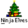 Animated contact sheet of 16 frames showing a Christmas tree with gifts and small green character animations, each frame labeled "Ninja Elves" text below.