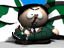 Pixelated cartoon character in green jacket and white shirt, standing against blue sky with green foliage background.