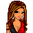 Pixel art of a female character with long brown hair, wearing black top and red skirt, pink strappy shoes, and silver earrings.