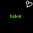 Pixelated white heart symbol above two green 'luke' texts on black background.