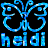 Pixelated blue butterfly icon with stylized text "heidi" below, on black background.