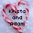 Pixelated heart-shaped icon with red and white swirls on light blue background, displaying black pixelated text "Kristo and Adam" in three lines.
