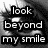 Black-and-white image of a human eye with overlaid text reading "look beyond my smile and find the real ME" in bold white letters on black rectangles.