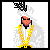 Animated contact sheet of a pixelated character with orange face and gold chains, transitioning through various poses and text elements against white background.