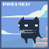 Pixel art animation of a dark blue creature with white eyes and teeth against a light blue sky background, showing sequential motion changes.