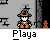 Animated contact sheet of pixel art frames showing a character in orange outfit with black hat interacting with other characters and text bubbles, arranged 5x5 on gray background.