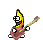 Pixelated banana character with red mouth and white eyes plays pink electric guitar across multiple poses on gray background.