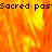 Animated orange and yellow flame background with repeated pixelated text "Sacred pas" in black, partially obscured by a gray rectangle.