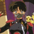 Pixelated character with dark hair and glasses, wearing a gray top with red accents against purple background.