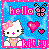 Pixelated static icon featuring Hello Kitty character with pink bow, blue background, and text "hello" and "kitty" in pink block letters alongside hearts and a butterfly.