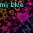 Pixelated image with blue and red text over a patterned background of hearts, stars, and abstract shapes in purple, pink, yellow, and black.