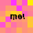 Pixelated of pink, orange, and yellow squares with four instances of the text "me!" in black pixelated font