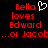Red pixelated text on black background reads 'Bella loves Edward ...or Jacob...' with a white heart symbol above Bella, repeated side-by-side.